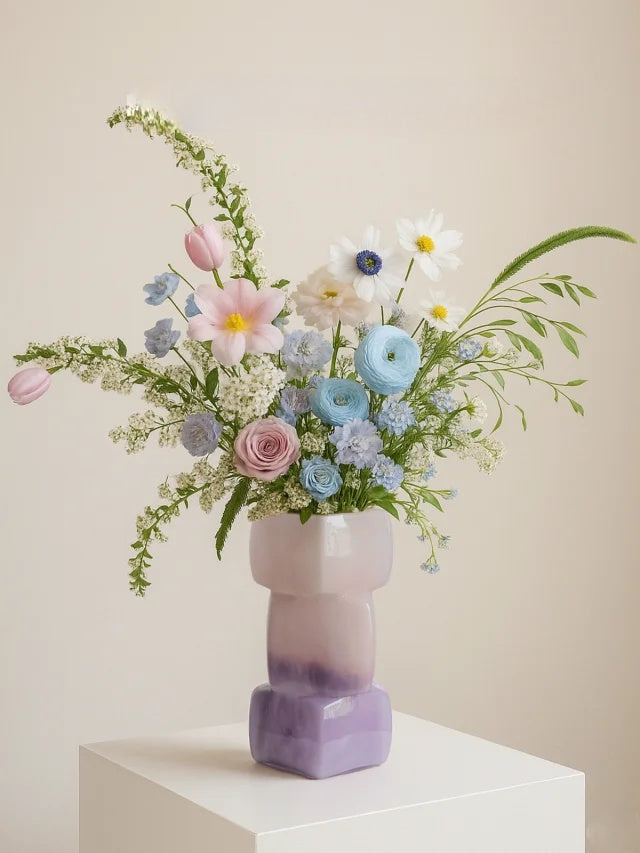 Modern Stacked Glass Vase - Purple to Pink Gradient, Handcrafted Geometric Home Decor, Luxury Centerpiece for Living Room & Wedding