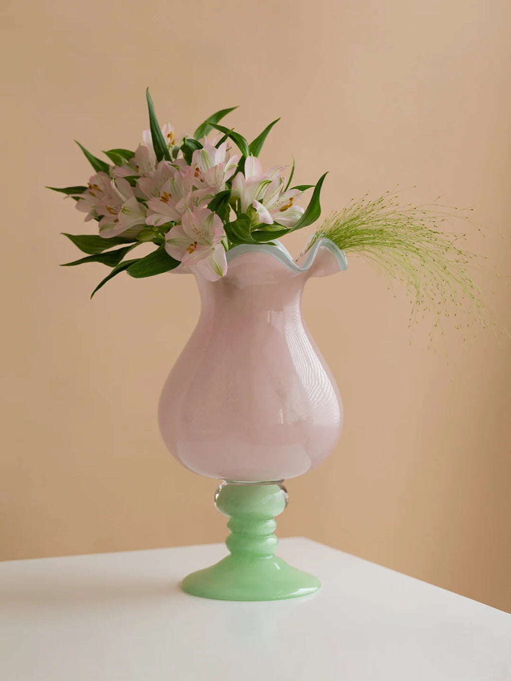 Handmade Wave-Rim Glass Vase - Pink & Green Ombre, Stacked Geometric Base, Boho Home Decor, Centerpiece for Living Room