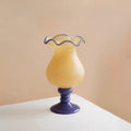 Handmade Wave-Rim Glass Vase - Yellow & Purple Ombre, Stacked Geometric Base, Boho Home Decor, Centerpiece for Living Room