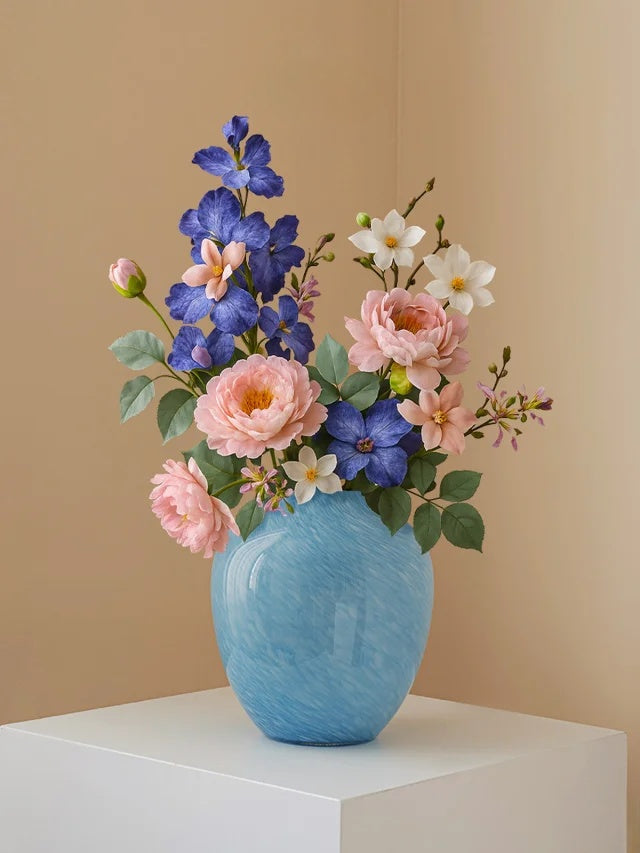 Minimalist Decorative Flower Vase for Home Handcrafted Crystal Flower Vase with Blue Glossy Finish