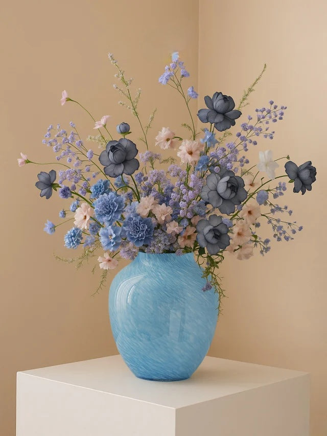 Minimalist Decorative Flower Vase for Home Handcrafted Crystal Flower Vase with Blue Glossy Finish