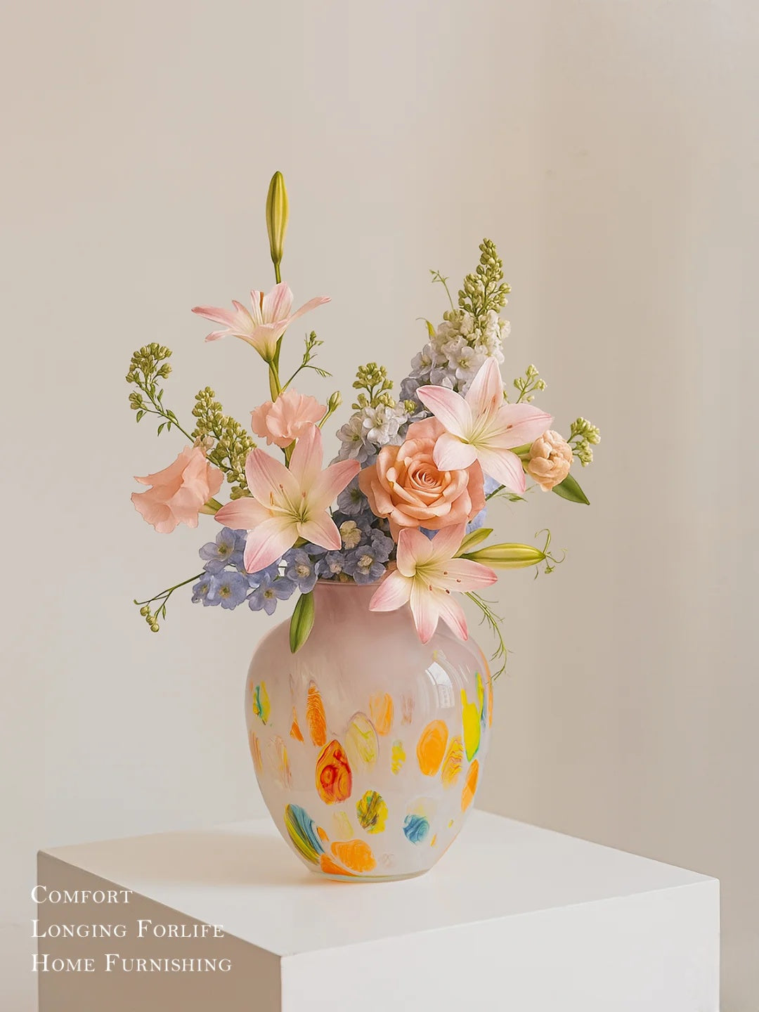 Hand-Painted Art Glass Vase - Multicolor Splash Design, White Base with Rainbow Accents, Boho Chic Home Decor