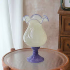 Handmade Wave-Rim Glass Vase - Yellow & Purple Ombre, Stacked Geometric Base, Boho Home Decor, Centerpiece for Living Room