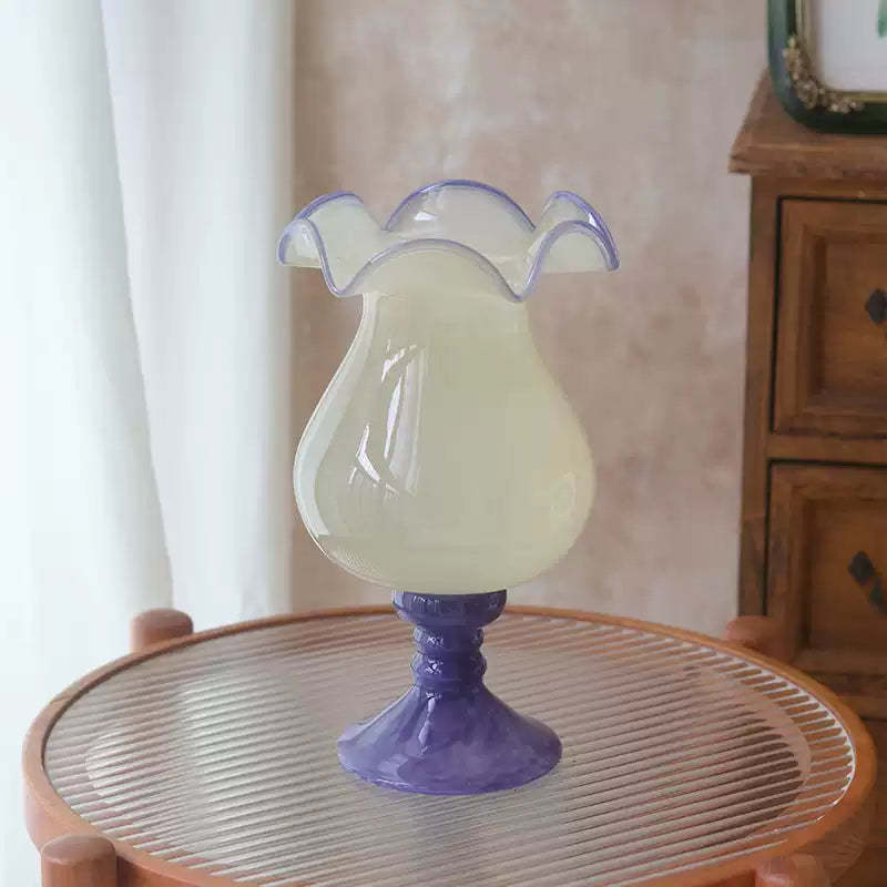 Handmade Wave-Rim Glass Vase - Yellow & Purple Ombre, Stacked Geometric Base, Boho Home Decor, Centerpiece for Living Room