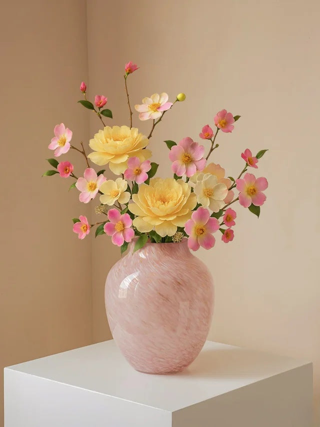 Minimalist Decorative Flower Vase for Home–Handcrafted Crystal Flower Vase with Pink Glossy Finish