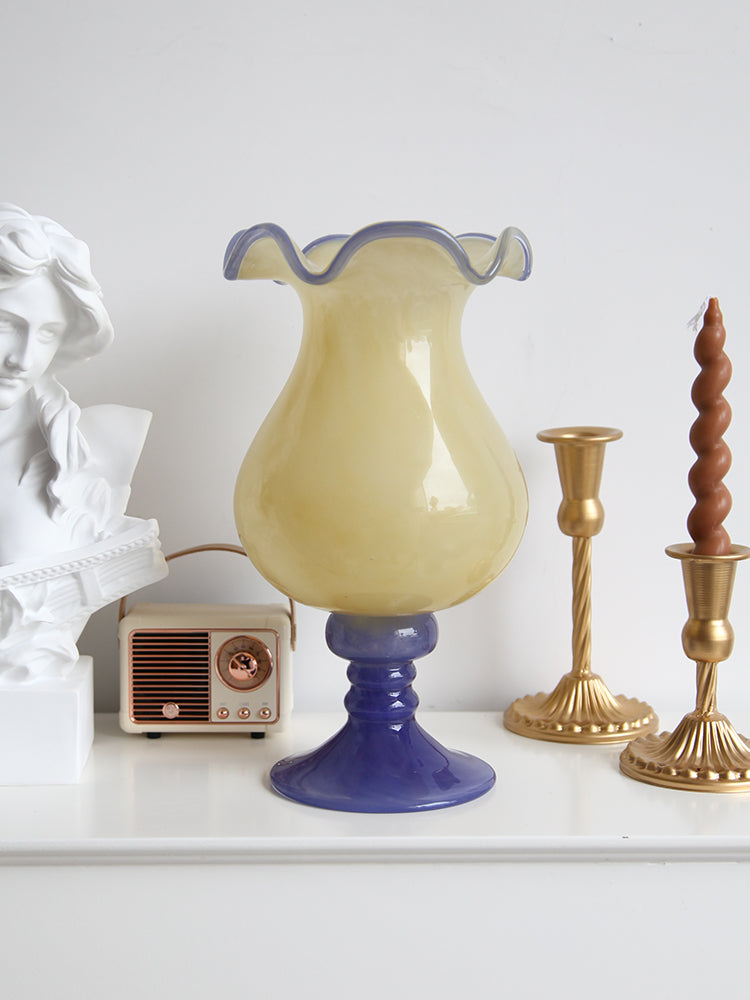 Handmade Wave-Rim Glass Vase - Yellow & Purple Ombre, Stacked Geometric Base, Boho Home Decor, Centerpiece for Living Room