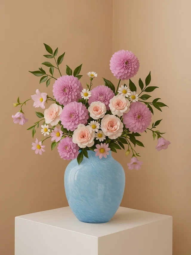 Minimalist Decorative Flower Vase for Home Handcrafted Crystal Flower Vase with Blue Glossy Finish