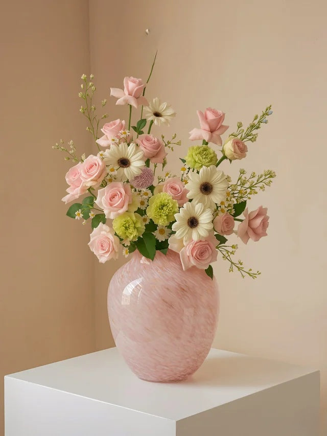 Minimalist Decorative Flower Vase for Home–Handcrafted Crystal Flower Vase with Pink Glossy Finish