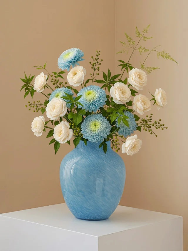 Minimalist Decorative Flower Vase for Home Handcrafted Crystal Flower Vase with Blue Glossy Finish