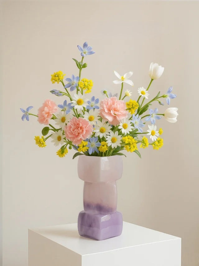 Modern Stacked Glass Vase - Purple to Pink Gradient, Handcrafted Geometric Home Decor, Luxury Centerpiece for Living Room & Wedding