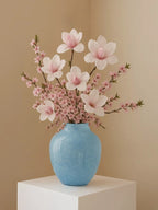 Handmade Wave-Rim Glass Vase - Pink & Green Ombre, Stacked Geometric Base, Boho Home Decor, Centerpiece for Living Room