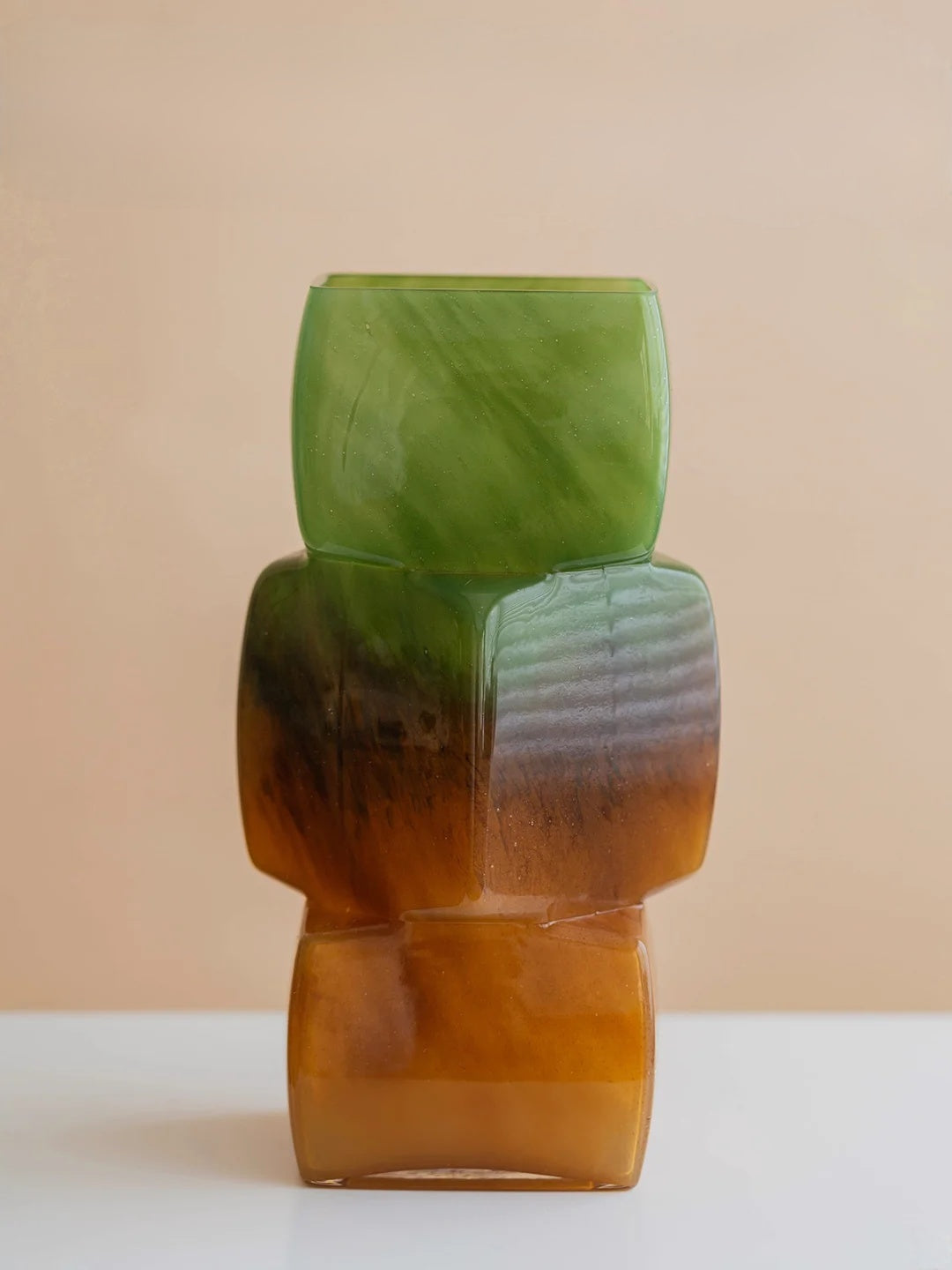 Modern Stacked Glass Vase - Green to Amber Gradient, Handcrafted Geometric Home Decor, Luxury Centerpiece for Living Room & Wedding