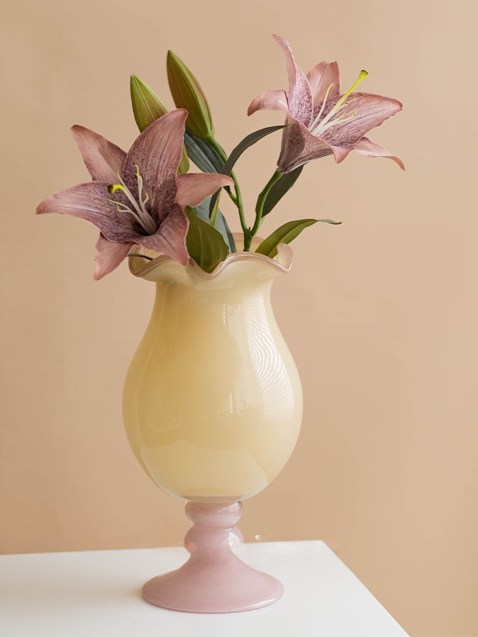 Handmade Wave-Rim Glass Vase - Yellow & Pink Ombre, Stacked Geometric Base, Boho Home Decor, Centerpiece for Living Room