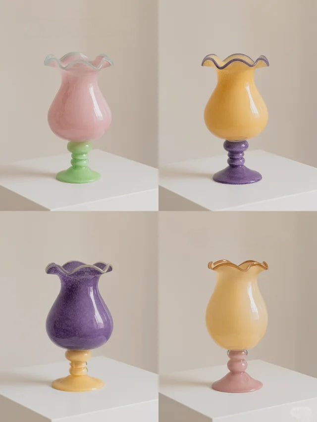 Handmade Wave-Rim Glass Vase - Yellow & Purple Ombre, Stacked Geometric Base, Boho Home Decor, Centerpiece for Living Room