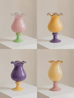 Handmade Wave-Rim Glass Vase - Yellow & Purple Ombre, Stacked Geometric Base, Boho Home Decor, Centerpiece for Living Room