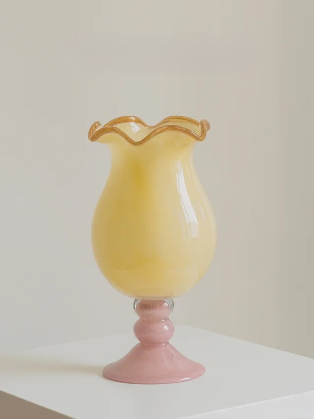 Handmade Wave-Rim Glass Vase - Yellow & Pink Ombre, Stacked Geometric Base, Boho Home Decor, Centerpiece for Living Room