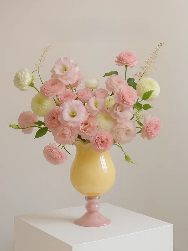 Handmade Wave-Rim Glass Vase - Yellow & Pink Ombre, Stacked Geometric Base, Boho Home Decor, Centerpiece for Living Room