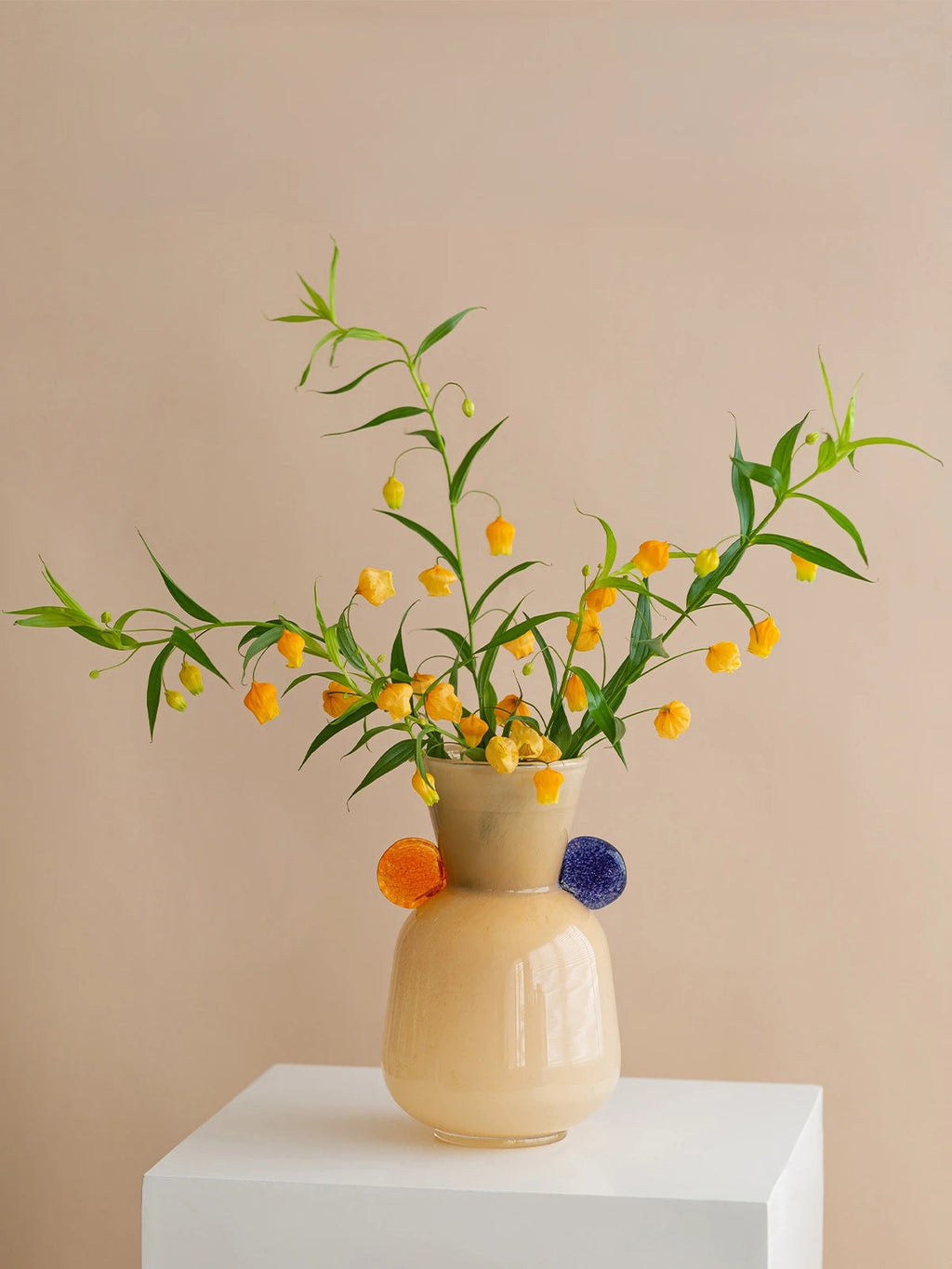 Modern Peach Crystal Glass Vase – Handcrafted Art with Orange & Blue Accents