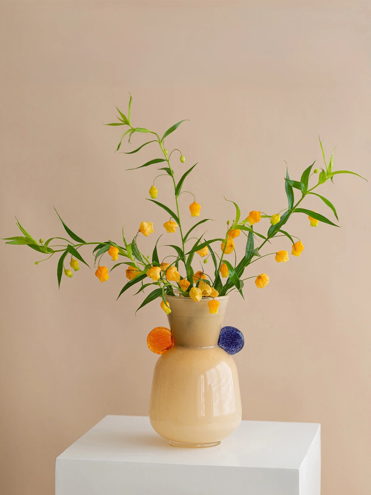 Modern Peach Crystal Glass Vase – Handcrafted Art with Orange & Blue Accents