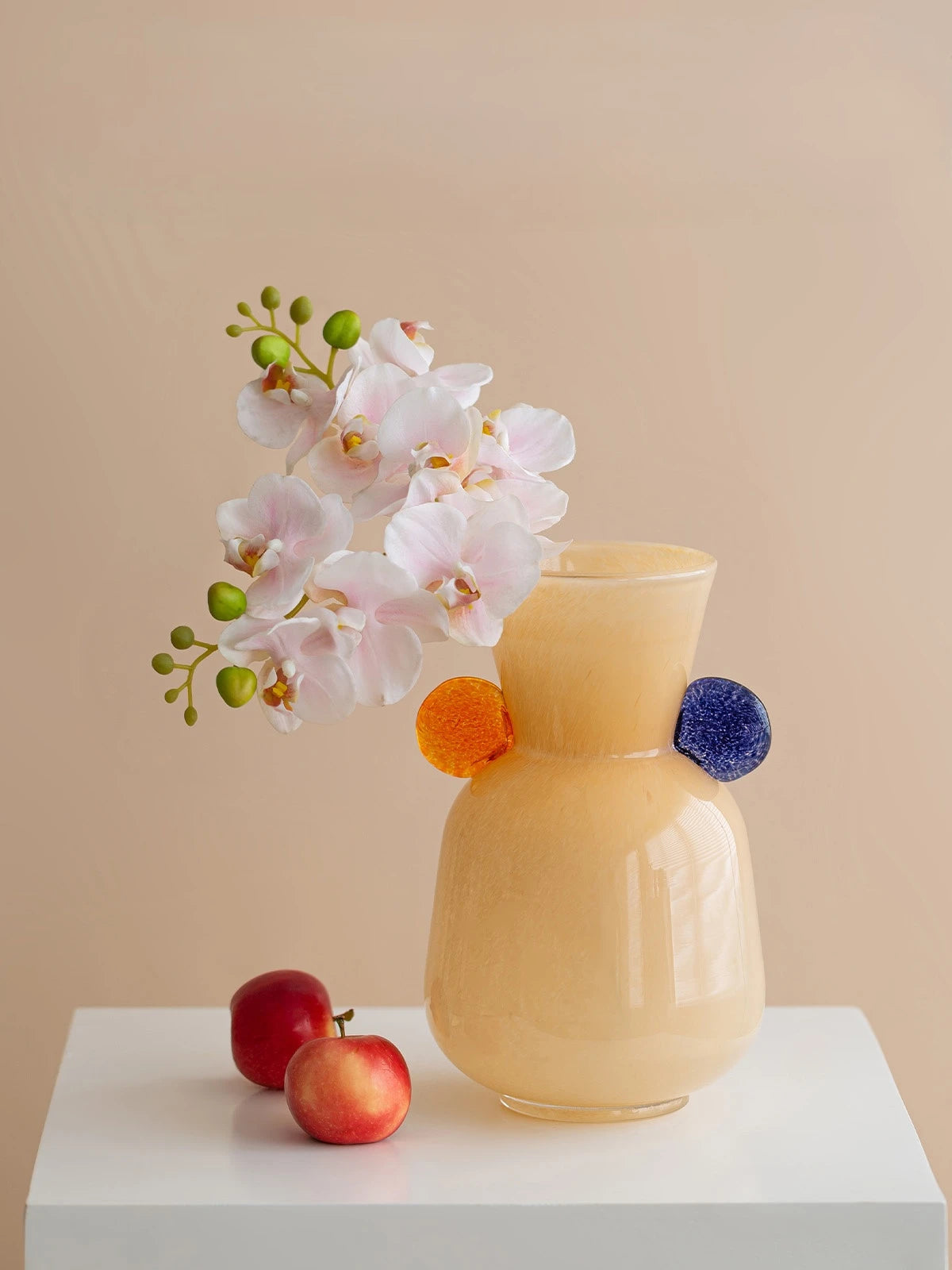 Modern Peach Crystal Glass Vase – Handcrafted Art with Orange & Blue Accents