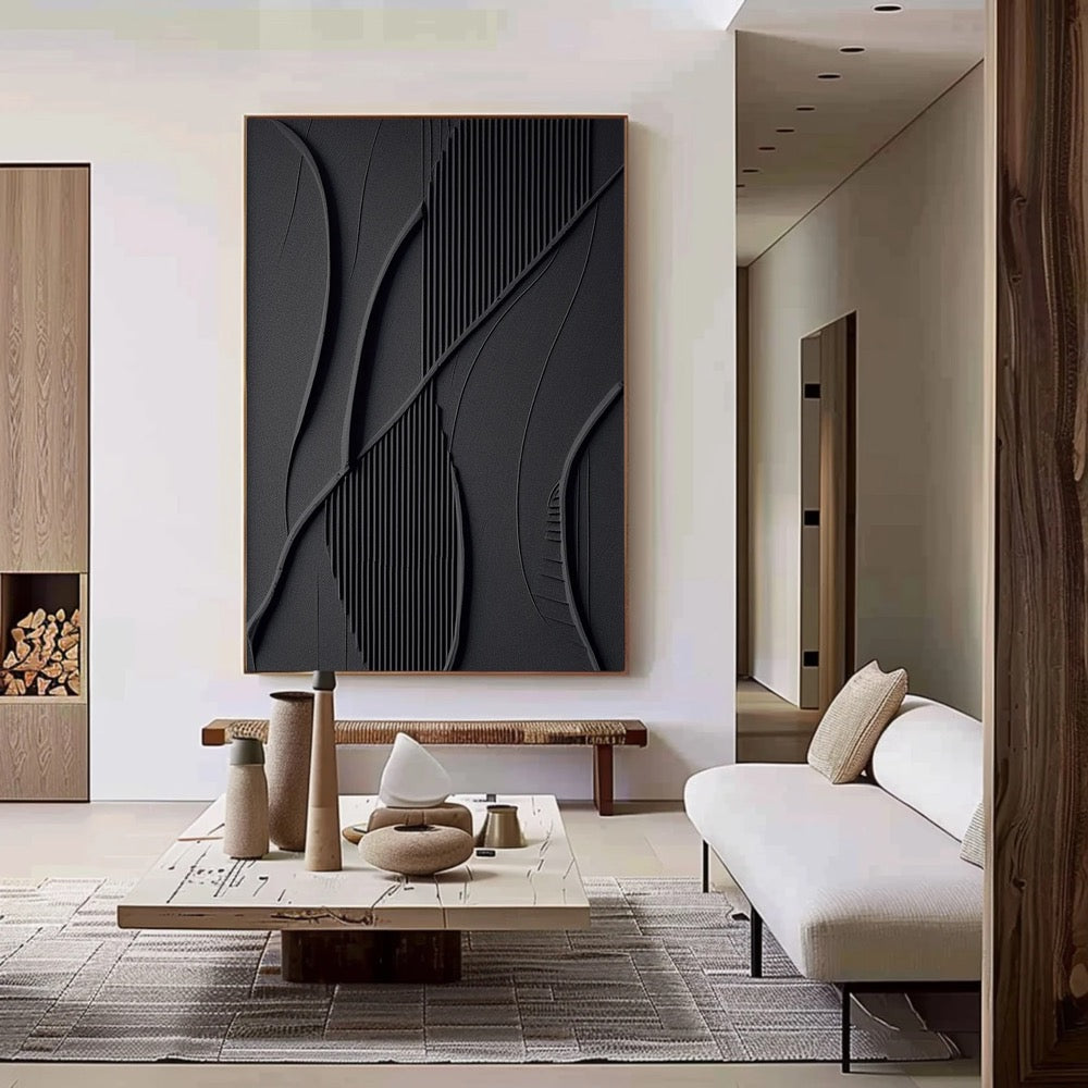 Large Black Minimalist Wall Art , Black 3D Texture Painting , Black Modern Simple Abstract Painting , Black Minimalist Art , Black 3D Art