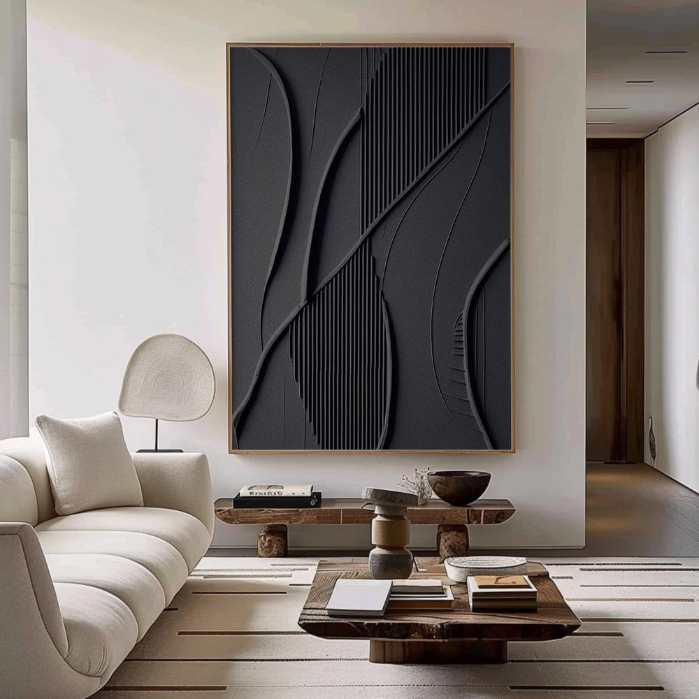 Large Black Minimalist Wall Art , Black 3D Texture Painting , Black Modern Simple Abstract Painting , Black Minimalist Art , Black 3D Art
