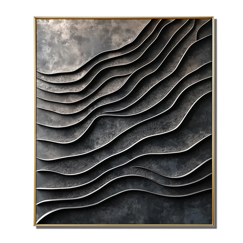 3D Metallic Wave Abstract Wall Art, 3D Wall Art, Black Home Decor, Modern Wall Art, Crumpled Waves Art