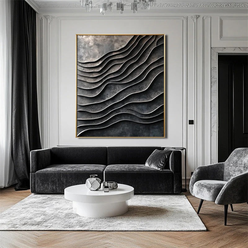 3D Metallic Wave Abstract Wall Art, 3D Wall Art, Black Home Decor, Modern Wall Art, Crumpled Waves Art