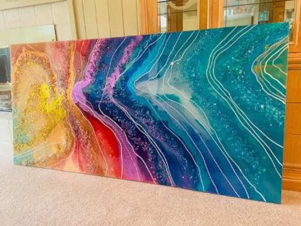 Crystal Resin Glass Huge Agate Abstract Modern Custom Gold Orange Red Green Blue Purple Teal Crystal Water Earth Glass Painting