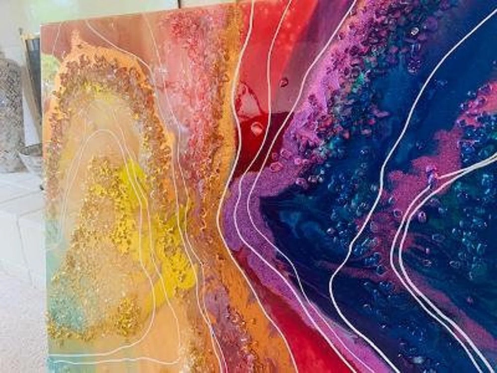 Crystal Resin Glass Huge Agate Abstract Modern Custom Gold Orange Red Green Blue Purple Teal Crystal Water Earth Glass Painting