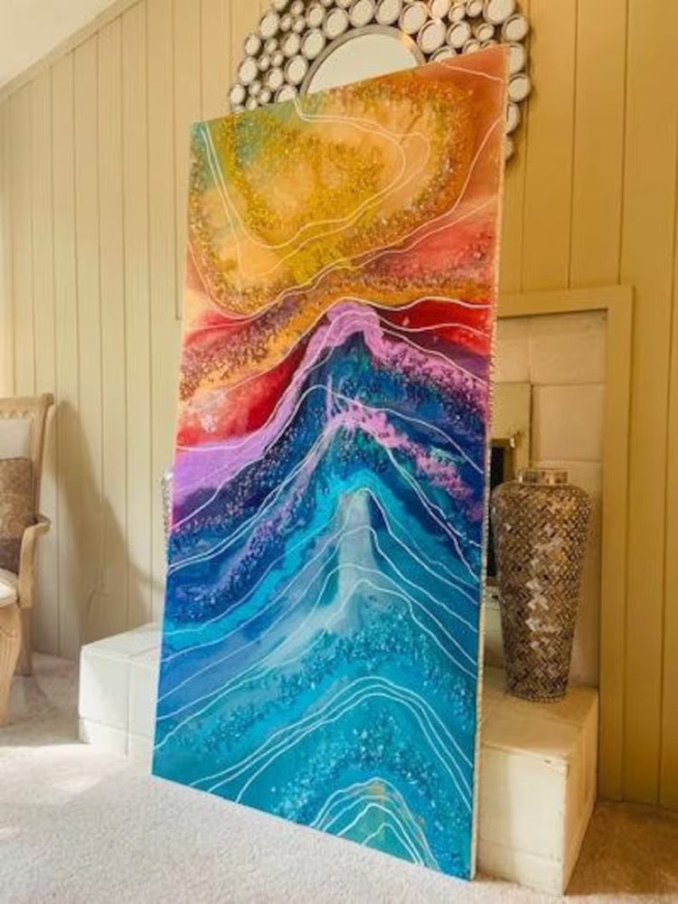 Crystal Resin Glass Huge Agate Abstract Modern Custom Gold Orange Red Green Blue Purple Teal Crystal Water Earth Glass Painting