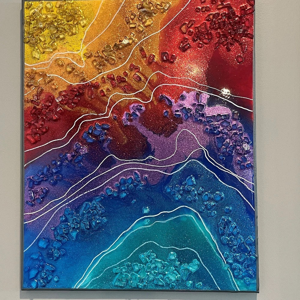 Crystal Resin Glass Huge Agate Abstract Modern Custom Gold Orange Red Green Blue Purple Teal Crystal Water Earth Glass Painting