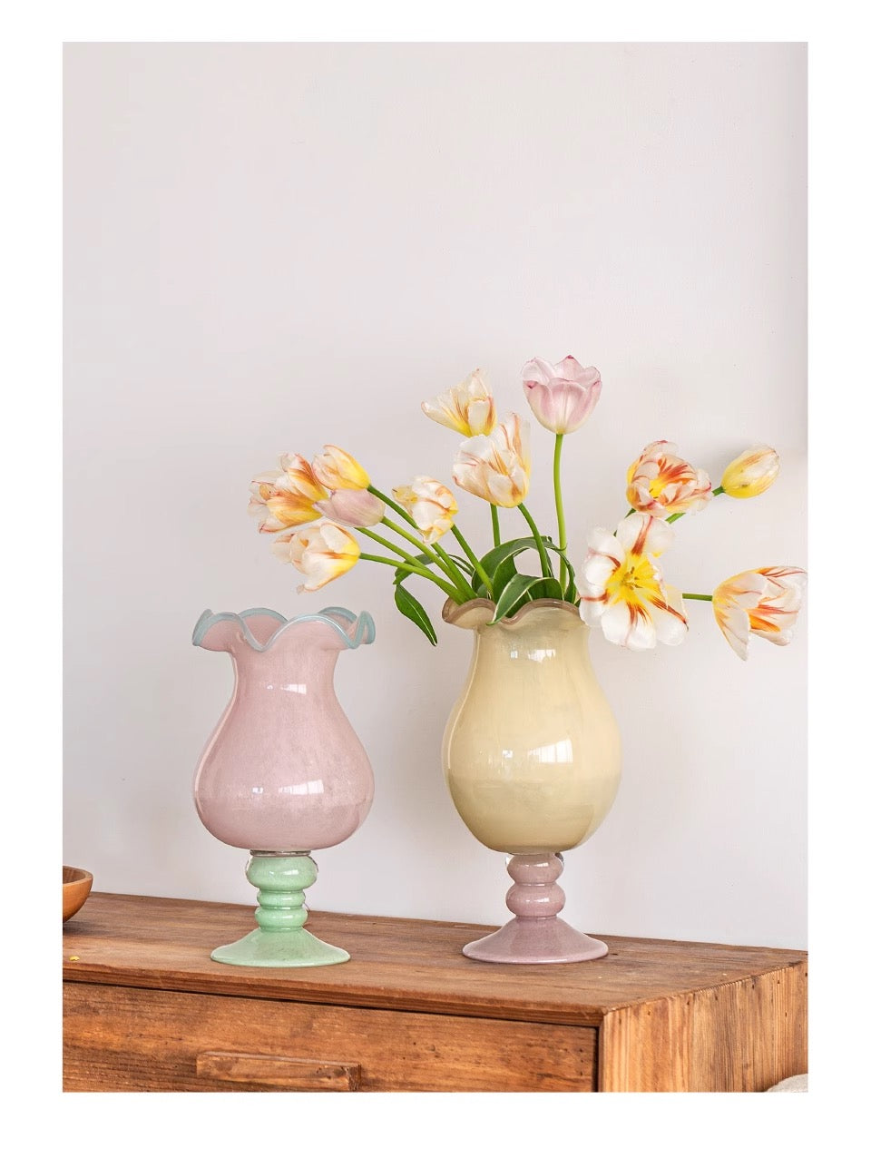 Handmade Wave-Rim Glass Vase - Yellow & Pink Ombre, Stacked Geometric Base, Boho Home Decor, Centerpiece for Living Room