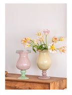 Handmade Wave-Rim Glass Vase - Yellow & Pink Ombre, Stacked Geometric Base, Boho Home Decor, Centerpiece for Living Room