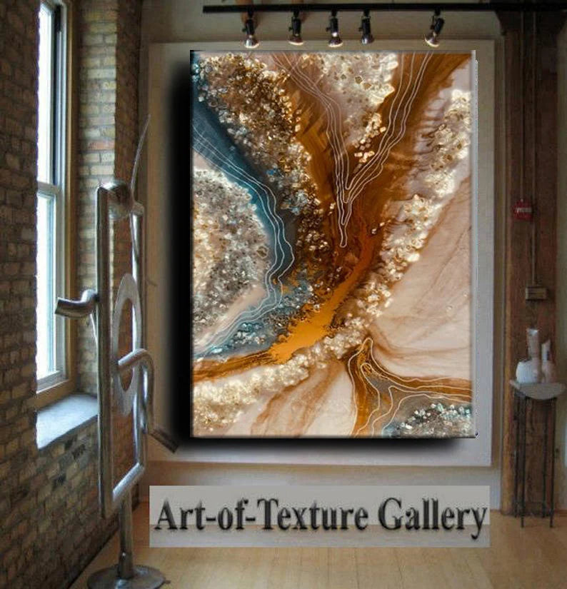 Crystal Quartz Ocean Epoxy River Resin Art Water Selenite Painting Custom Geode Original Abstract Modern Blue Aqua 24K Gold Water