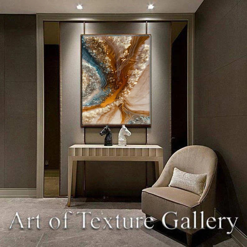 Crystal Quartz Ocean Epoxy River Resin Art Water Selenite Painting Custom Geode Original Abstract Modern Blue Aqua 24K Gold Water