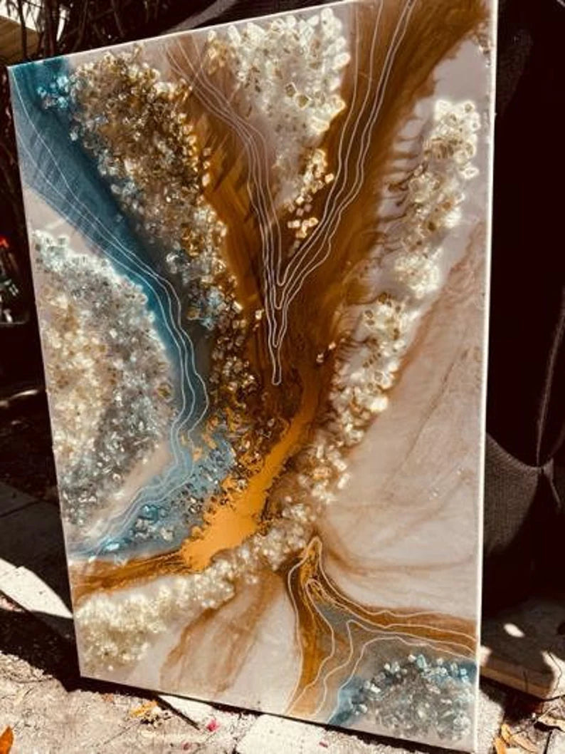 Crystal Quartz Ocean Epoxy River Resin Art Water Selenite Painting Custom Geode Original Abstract Modern Blue Aqua 24K Gold Water