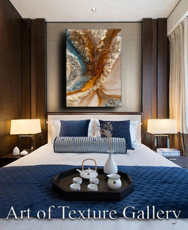 Crystal Quartz Ocean Epoxy River Resin Art Water Selenite Painting Custom Geode Original Abstract Modern Blue Aqua 24K Gold Water